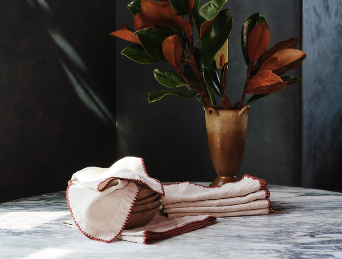 Olivos Embroidered Organic Linen Napkins | Natural Chambray w/Claret