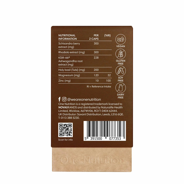 Back label of a supplement package with nutritional information and branding details on a white background.