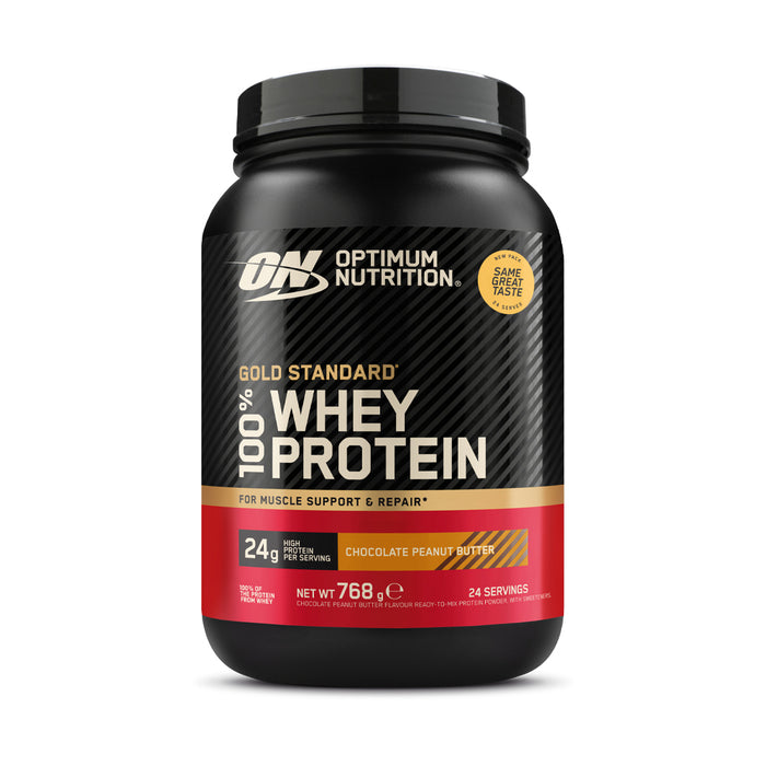 Optimum Nutrition Gold Standard 100% Whey Protein container on a white background