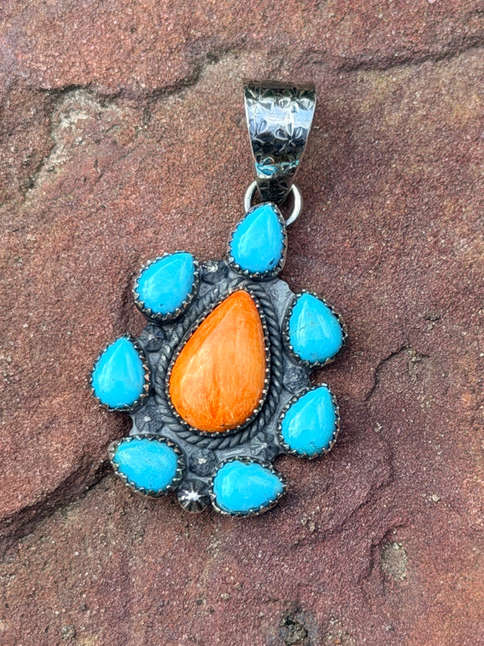 Orange Spiny and Turquoise Cluster Pendant