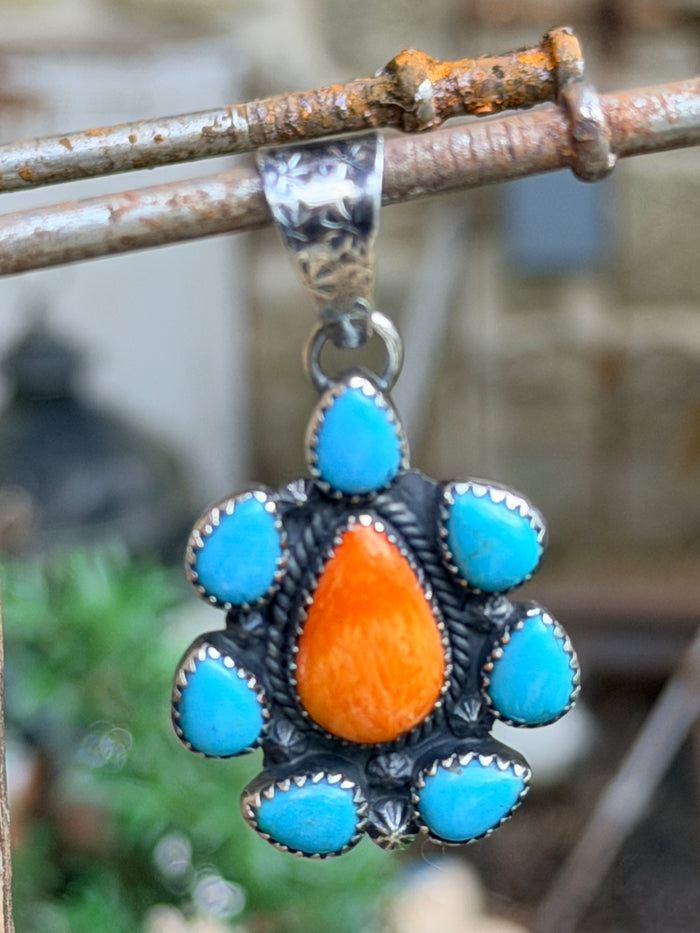 Orange Spiny and Turquoise Cluster Pendant