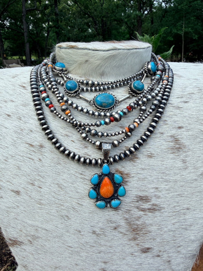 Orange Spiny and Turquoise Cluster Pendant