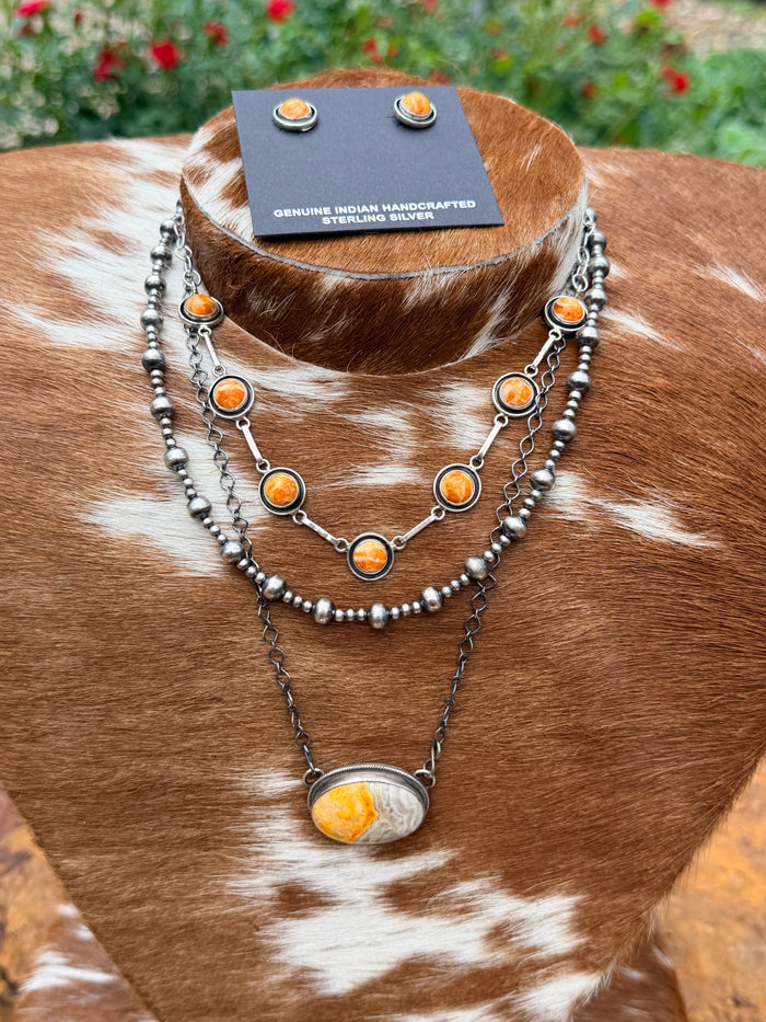 Orange Spiny Necklace and Earrings Set
