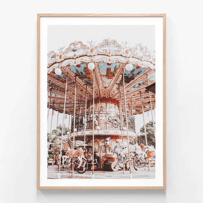 Paris Carousel wall art print in oak frame