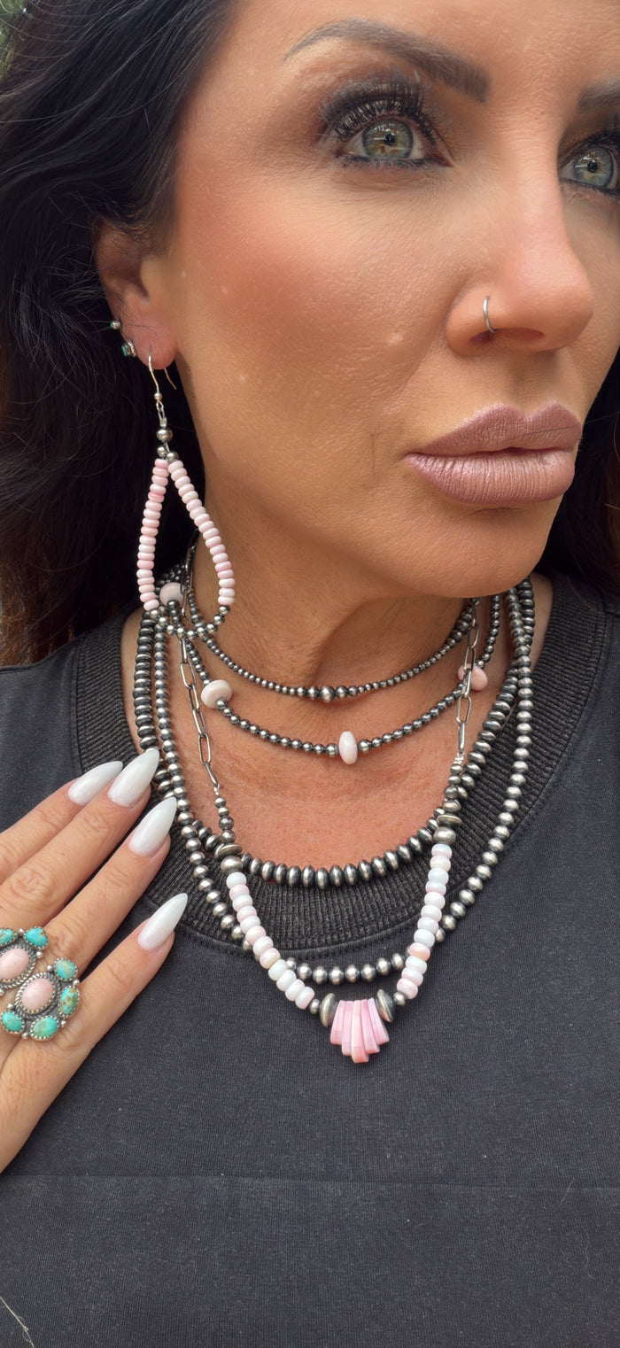 Pink Conch Necklace with Navajo Pearls on Paper Clip Chain