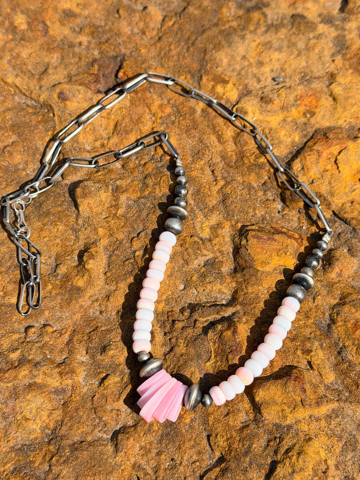 Pink Conch Necklace with Navajo Pearls on Paper Clip Chain