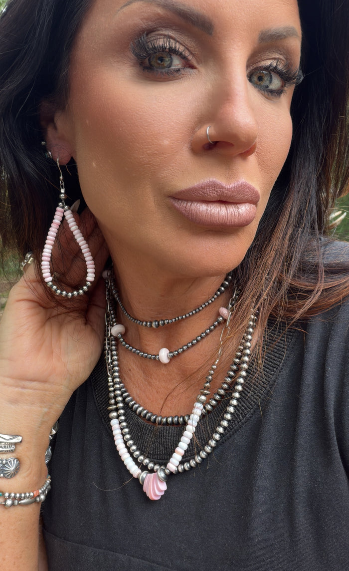 Pink Conch Necklace with Navajo Pearls on Paper Clip Chain