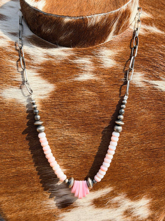 Pink Conch Necklace with Navajo Pearls on Paper Clip Chain