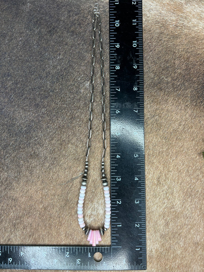 Pink Conch Necklace with Navajo Pearls on Paper Clip Chain