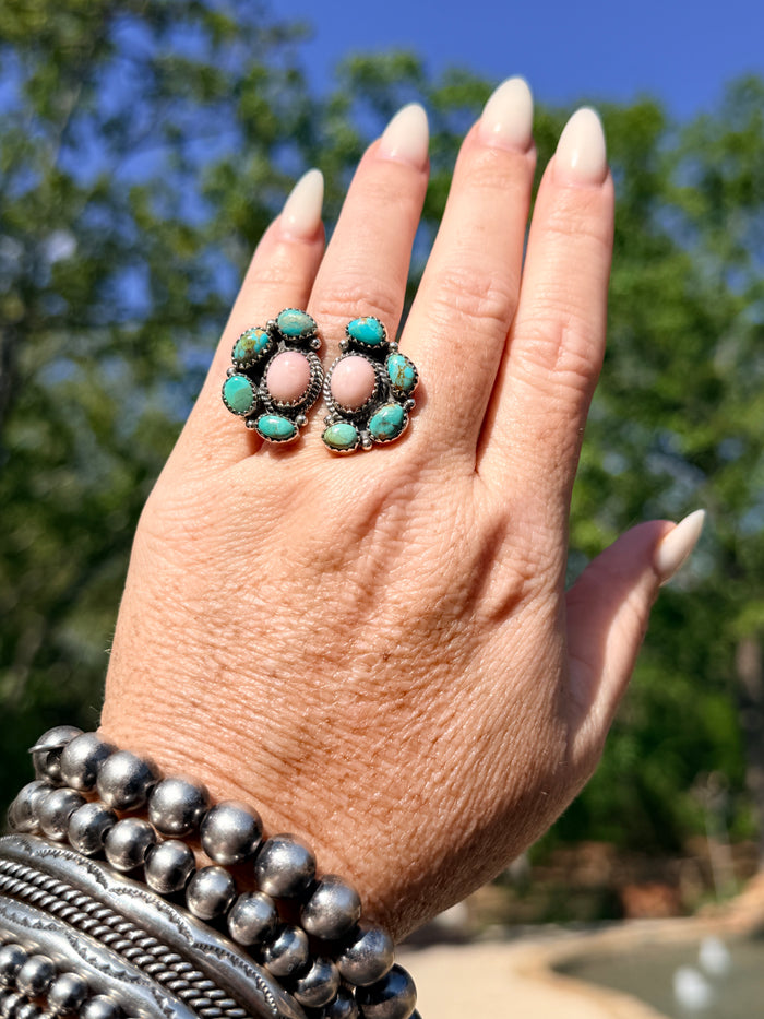 Pink Conch, Turquoise and Sterling Silver Double Cluster Adjustable Ring