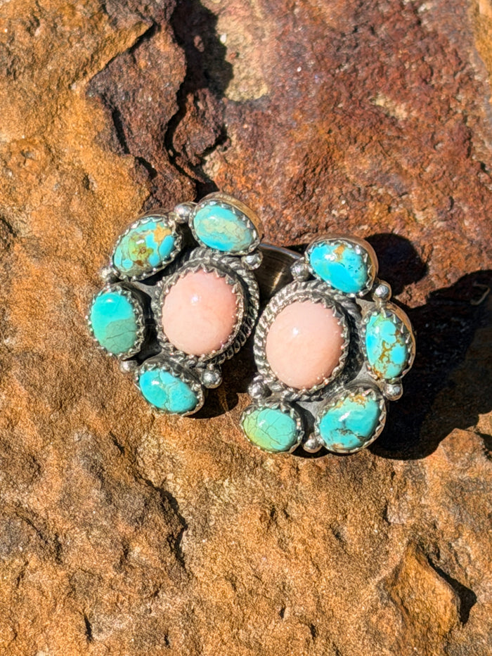 Pink Conch, Turquoise and Sterling Silver Double Cluster Adjustable Ring
