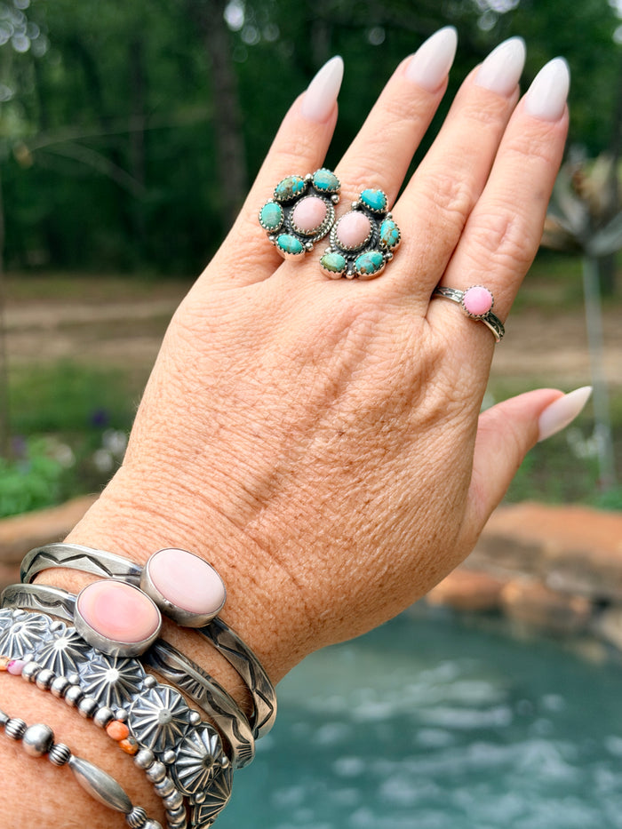 Pink Conch, Turquoise and Sterling Silver Double Cluster Adjustable Ring
