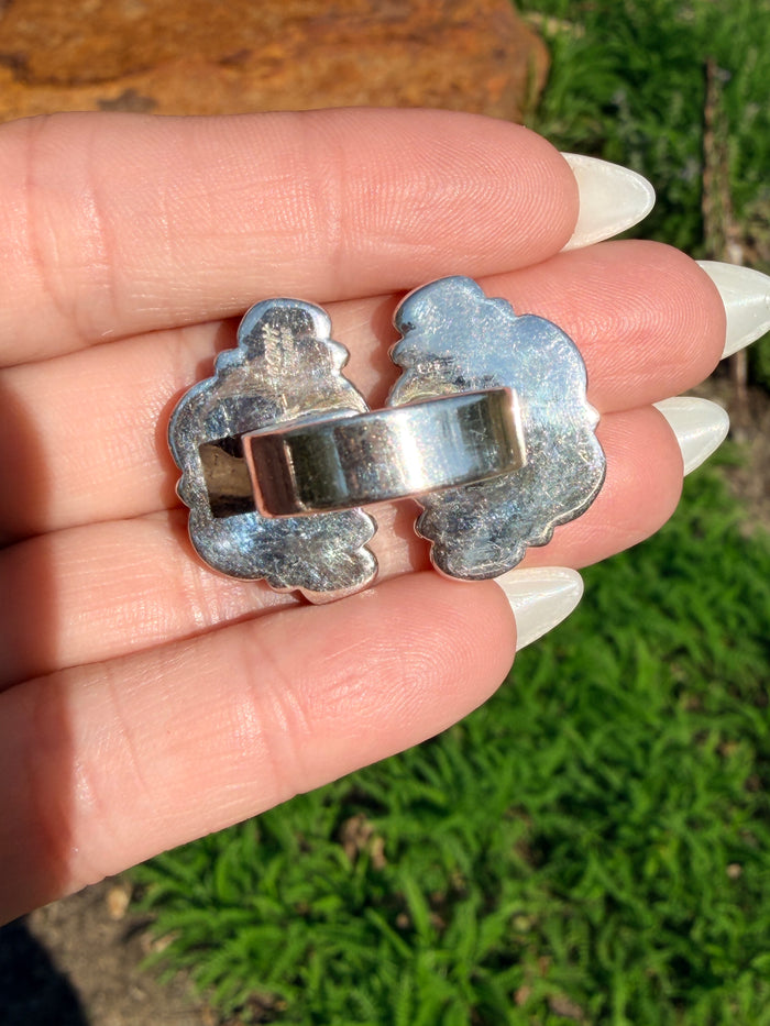 Pink Conch, Turquoise and Sterling Silver Double Cluster Adjustable Ring