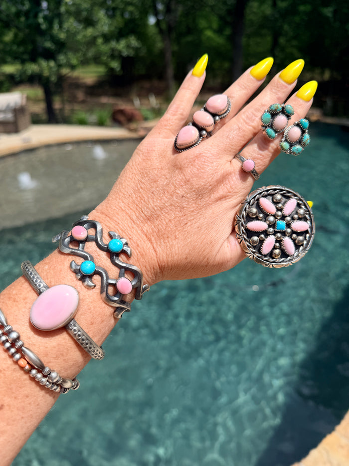 Pink Conch, Turquoise and Sterling Silver Double Cluster Adjustable Ring