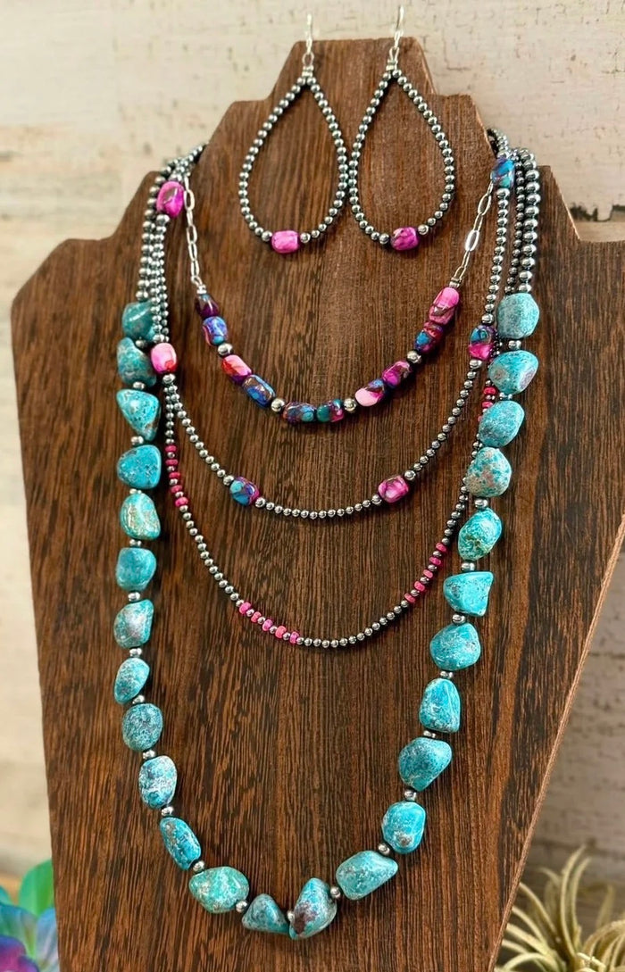 Pink Turquoise & Sterling Silver Pearl Teardrop Earrings
