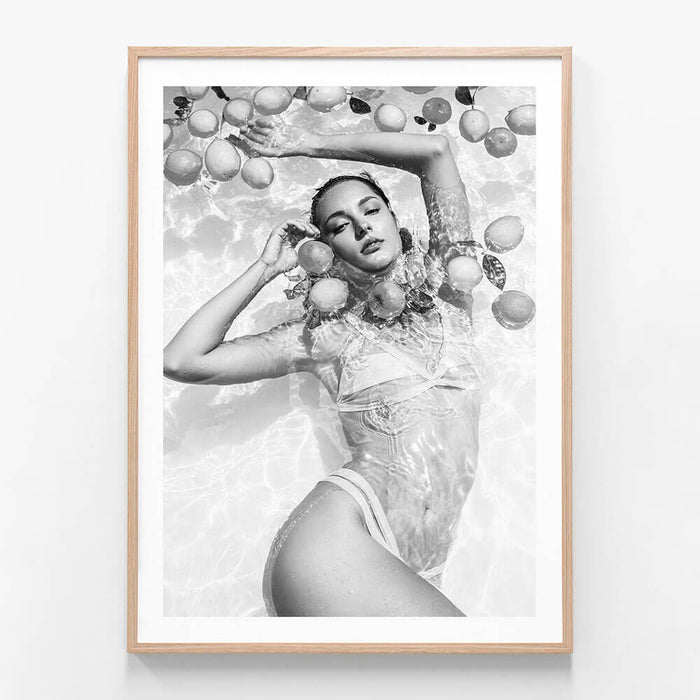 Poolside Fruits 3 wall art print in oak frame
