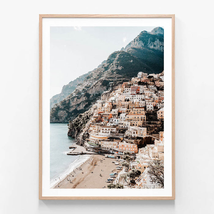 Positano Cliffs wall art print in oak frame