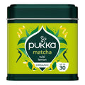 A tin of Pukka Matcha Tulsi Lemon organic tea, featuring a bright lime green label with dark green and white graphics, and a dark green lid.