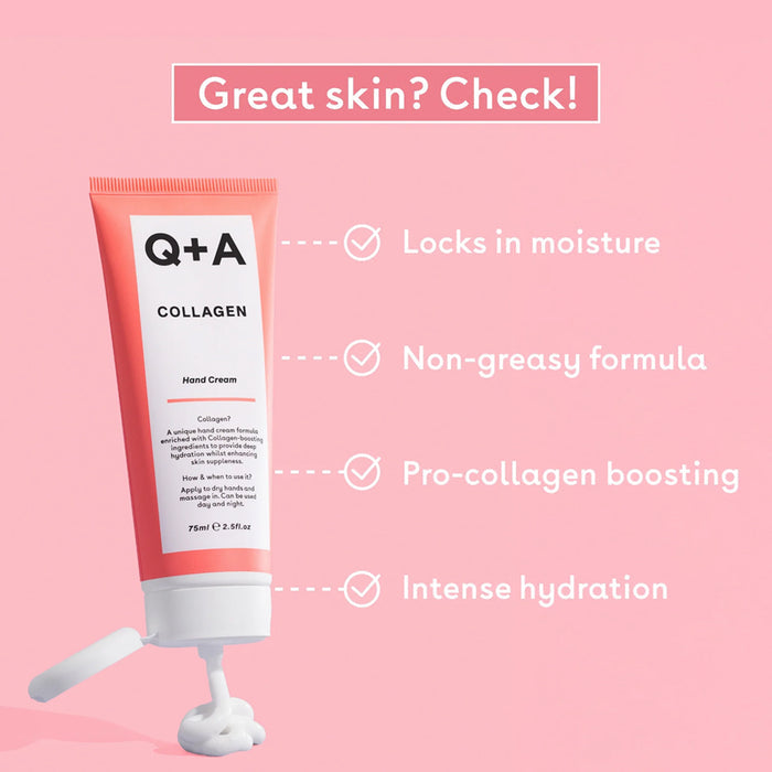 Q+A Collagen hand cream tube with features on a pink background