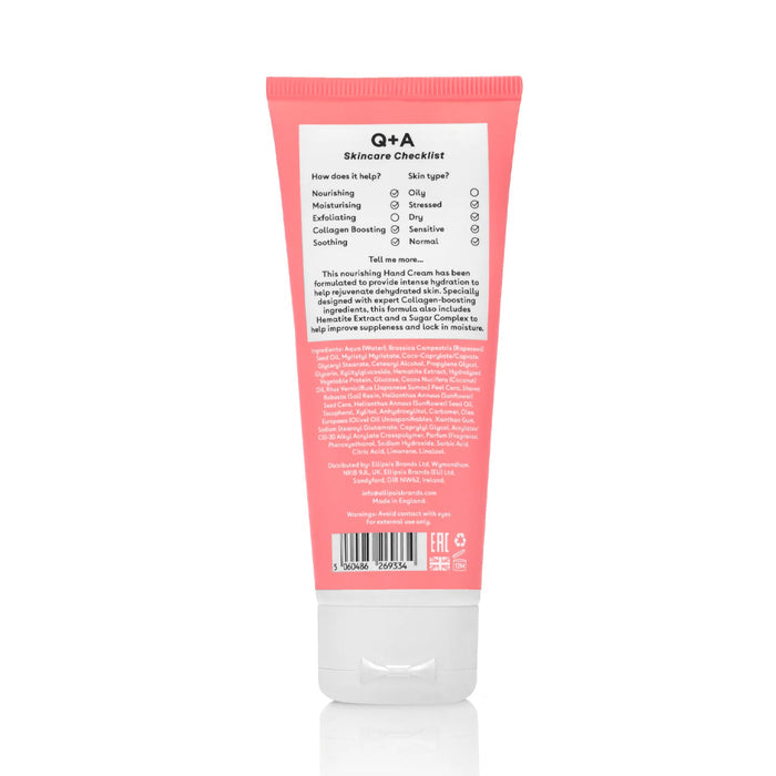 Pink tube of Q+A skincare product on a white background