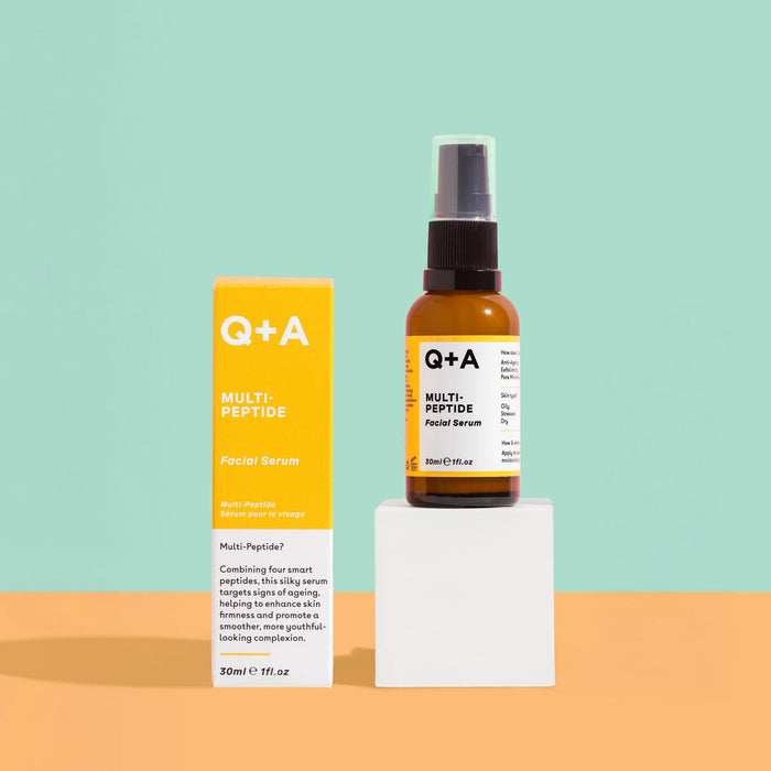 Q+A Multi-Peptide facial serum bottle and box on a colorful background