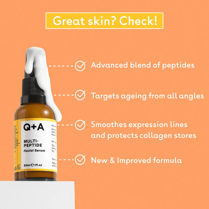 Facial serum bottle with text highlighting features on an orange background