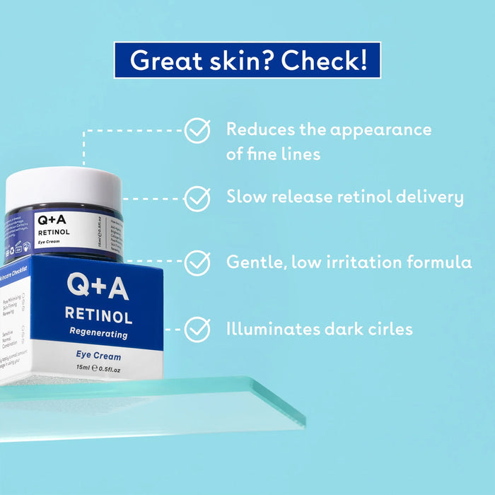 Q+A Retinol eye cream packaging with features listed on a blue background