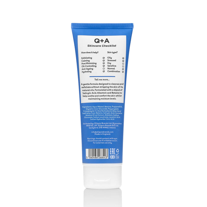 Q+A skincare product tube with blue label on a white background