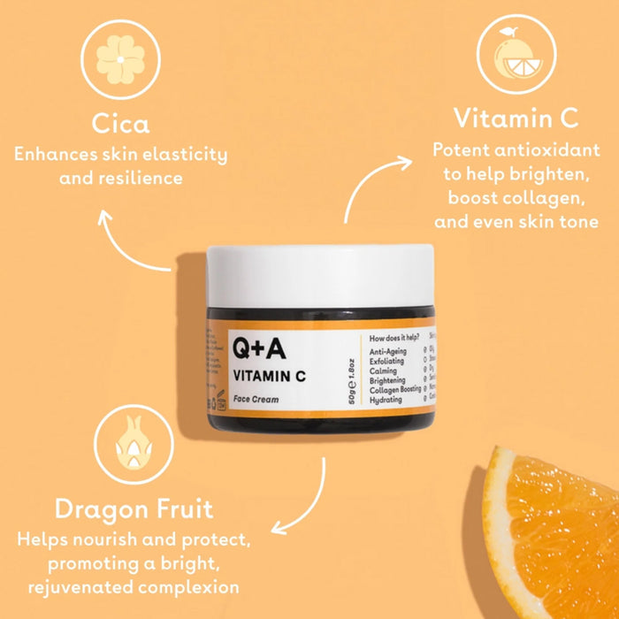 Q+A Vitamin C face cream jar with ingredients listed on an orange background