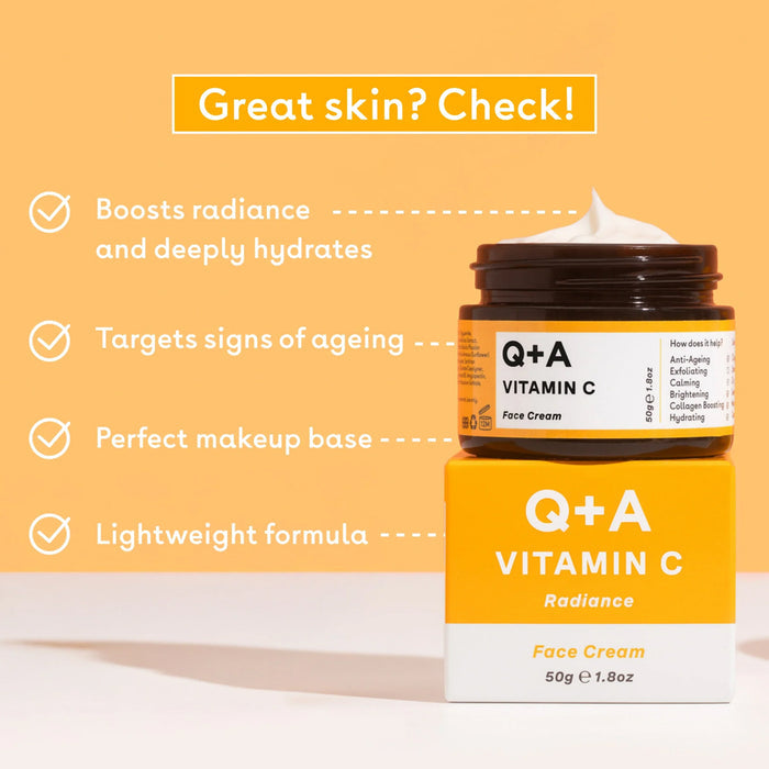 Q+A Vitamin C face cream jar with benefits listed on a yellow background