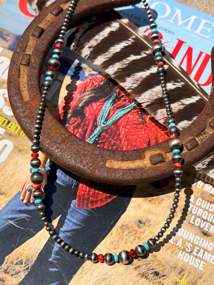 Red Spiny, Turquoise and Desert Pearls Necklace