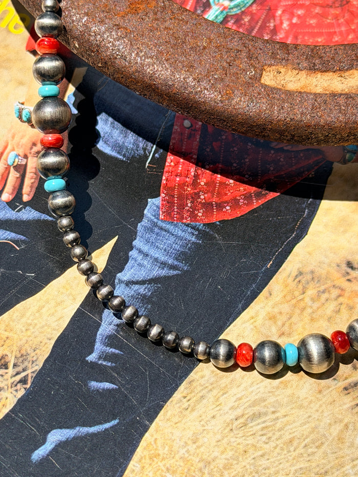 Red Spiny, Turquoise and Desert Pearls Necklace