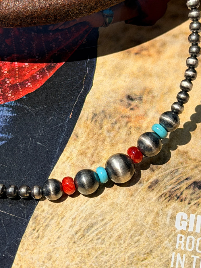 Red Spiny, Turquoise and Desert Pearls Necklace
