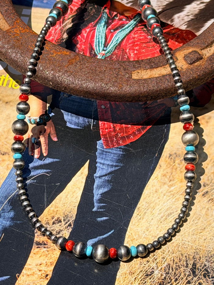 Red Spiny, Turquoise and Desert Pearls Necklace