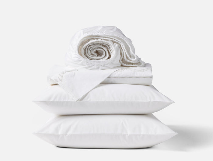Vista Embroidered Organic Percale Sheet Set - Coyuchi | Alpine White w/Stone