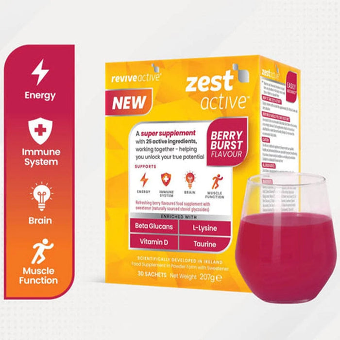 Zest Active supplement package with berry flavor and a glass of pink liquid on a white background
