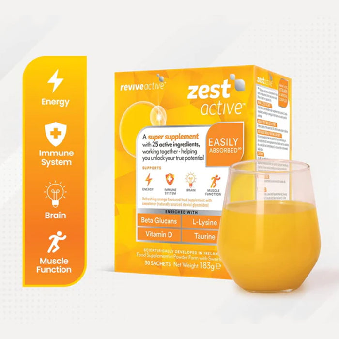 Zest Active supplement package with a glass of orange juice on a white background