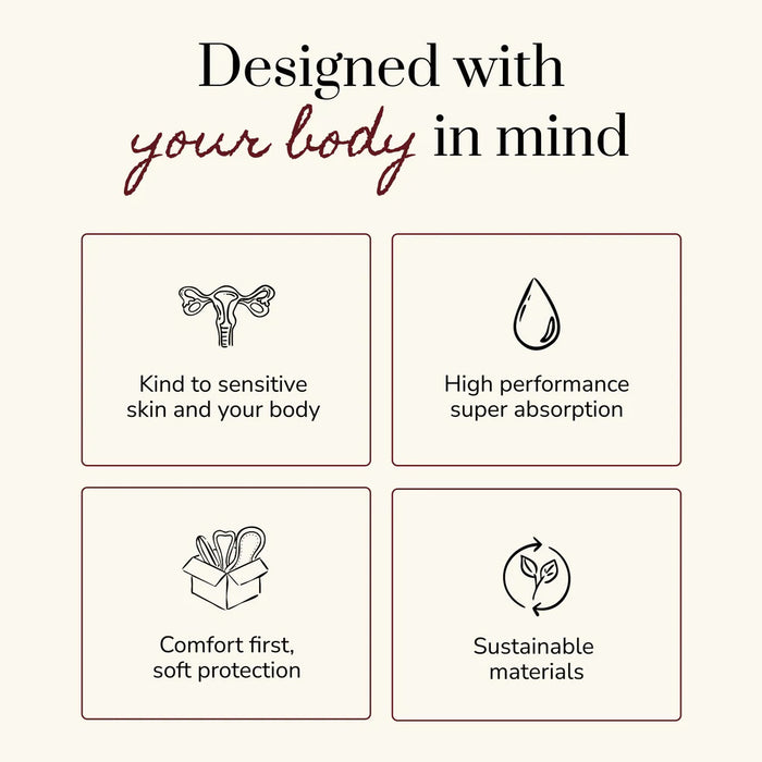 Riley Organic Cotton Sanitary Pads - Regular features with icons and text on a beige background