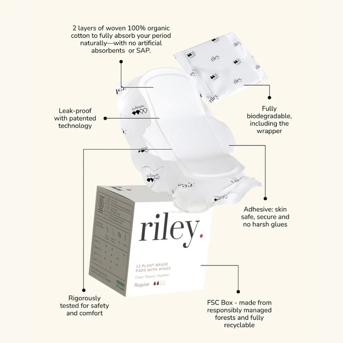White period product with packaging labeled 'riley' on a white background, featuring text about product features.