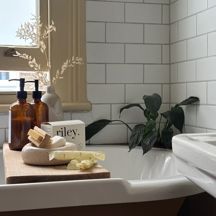 Bathroom setting with bottles, soap, and a plant on a windowsill.