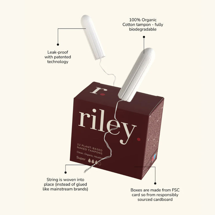 Riley organic cotton tampon packaging with features highlighted on a white background