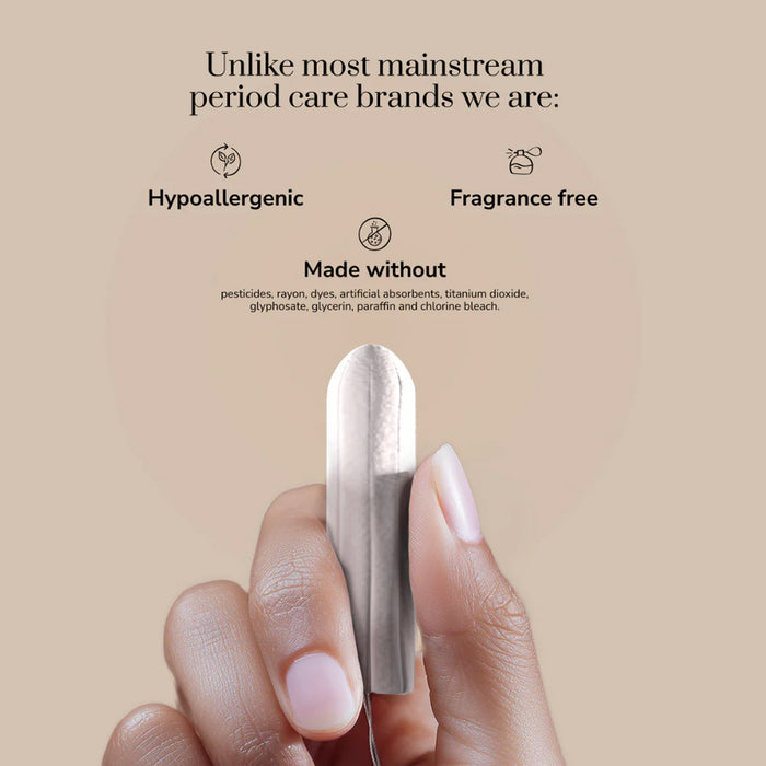 Riley Organic Naked Tampons held by a hand with a beige background and text about product features.