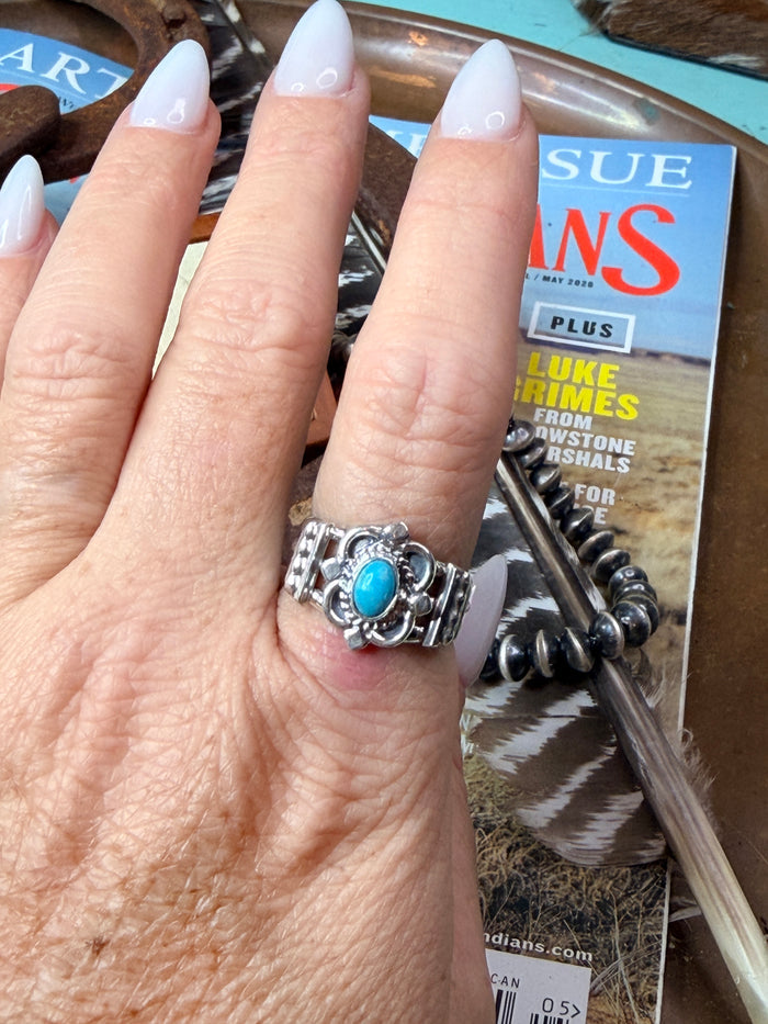 Running Bear Navajo Turquoise and Sterling Silver Ring size 8