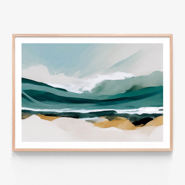Sage Landscape wall art print in oak frame
