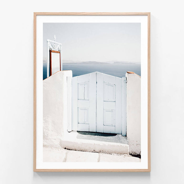 Santorini Gate wall art print in oak frame