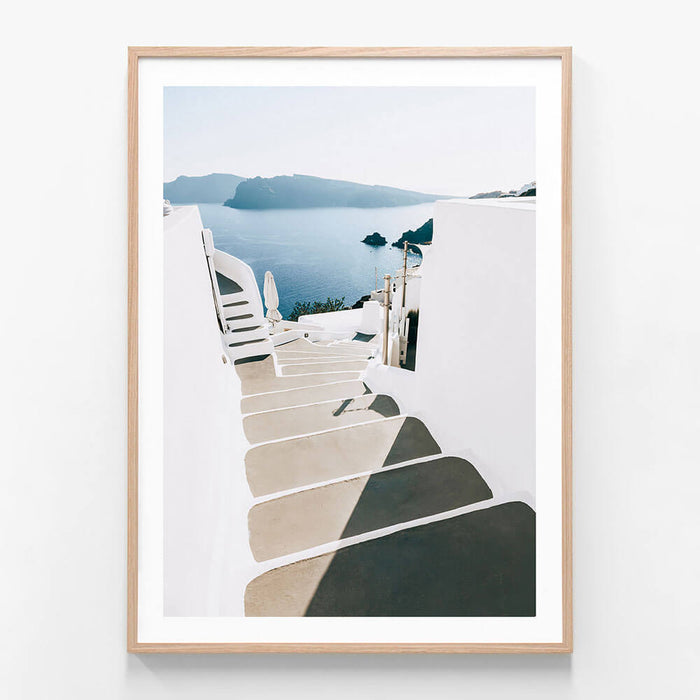 Santorini Stairs wall art print in oak frame