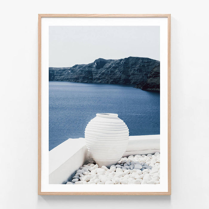 Santorini Vase wall art print in oak frame