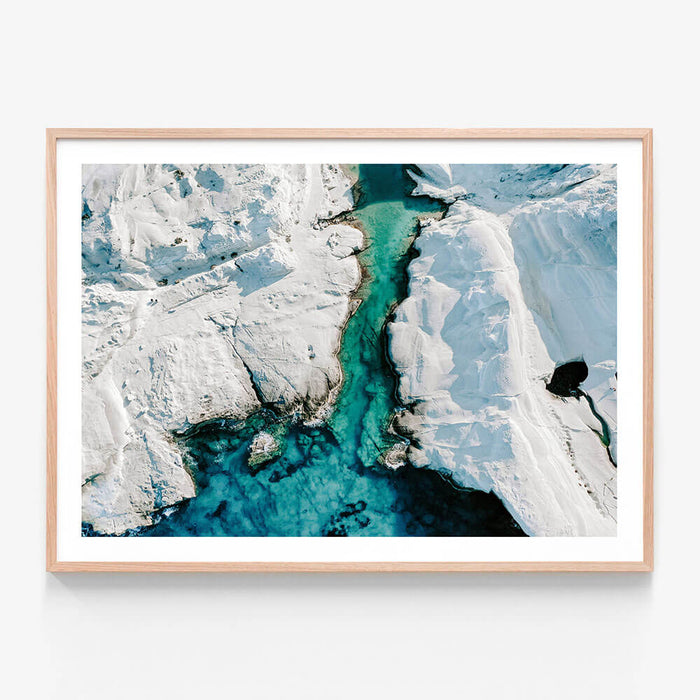 Sarakiniko Overhead wall art print in oak frame
