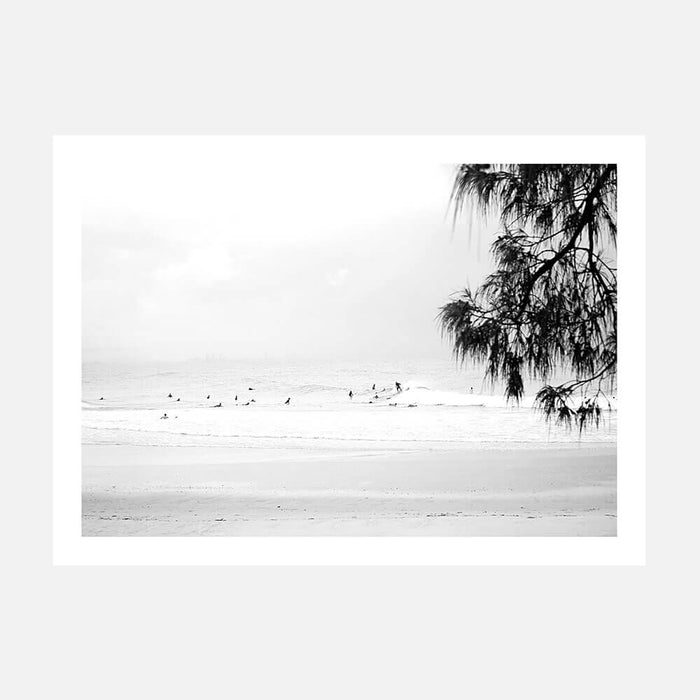 A photo wall art print featuring the beach at Snapper Rocks in black and white