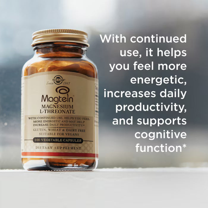 Supplement bottle labeled 'Magtein' with promotional text.